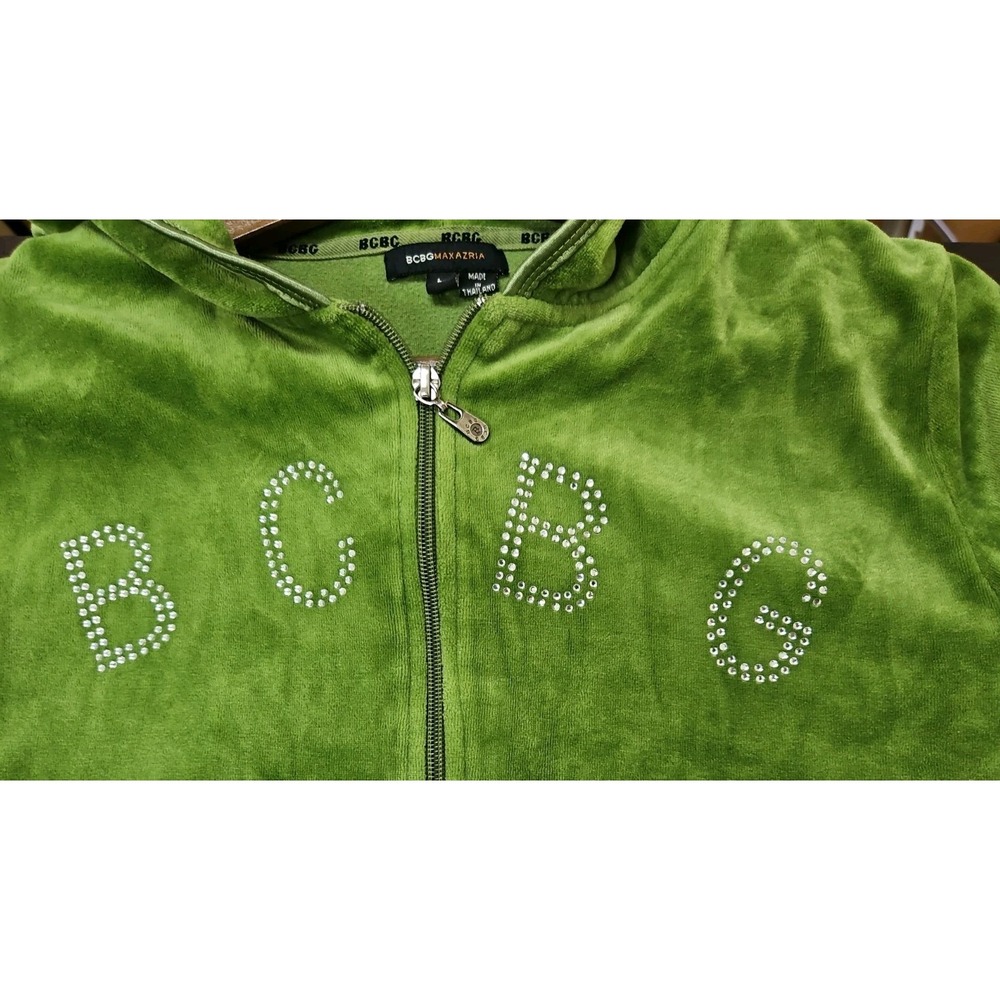 BCBG Max Azaria Size L Green Velour Track Jacket, Sweatshirt Hoodie Bling